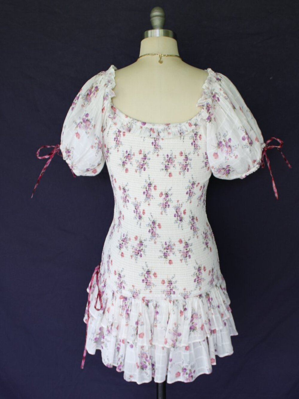 LoveShackFancy X AERIN Violet Smocked floral Puff Sleeve ruffle Mini tunic Dress - Picture 11 of 12